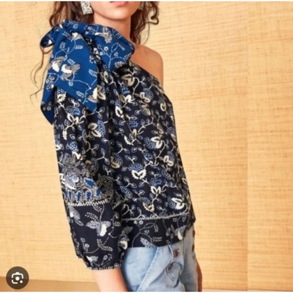 Ulla Johnson Asima Batik One Shoulder Top Blue Black Size 6